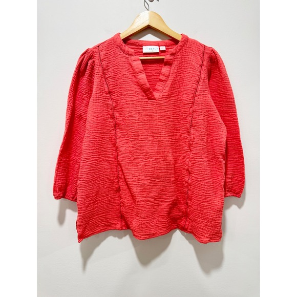 Belle Beach by Kim Gravel Tops - Belle Beach Kim Gravel Coral Pink Cotton Gauze Crochet Trim Blouse Top Medium